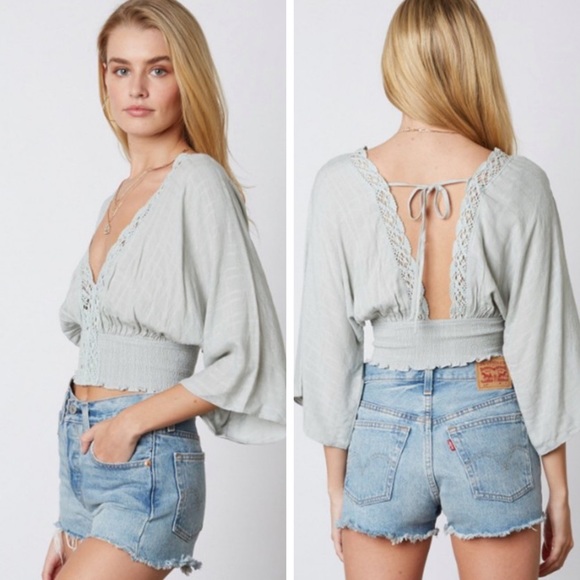 Crochet lace smocked top - SAGE - Picture 4 of 7